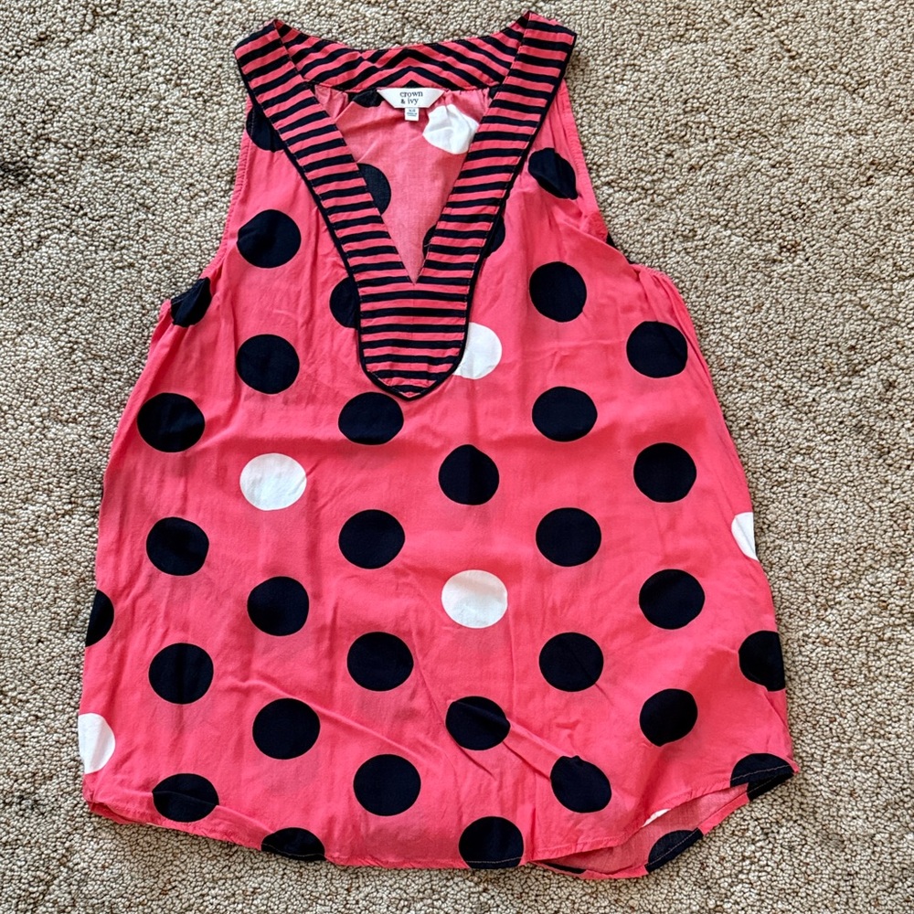 Crown & Ivy Pink and Black Polka Dot Tank Top